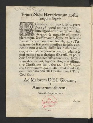 Prima Nota Haereticorum nostri temporis Negatio.