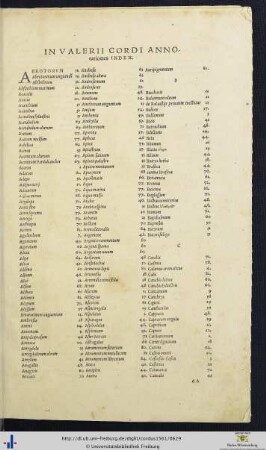 In Valerii Cordi Annotationes Index.