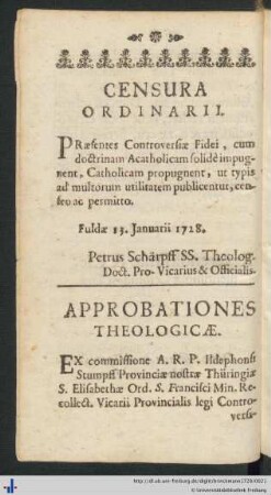 Censura, Approbationes Theologicæ et Licentia