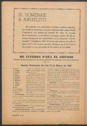 De interés para el gremio : Síntesis de las resoluciones de interés general tomadas por el consejo directivo - Sesión Ordinaria del día 13 de Marzo de 1946