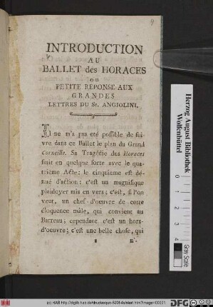 Introduction Au Ballet des Horaces ou Petite Reponse Aux Grandes Lettres Du Sr. Angiolini