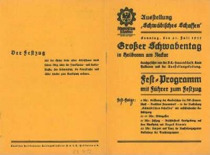 Festprogramm für den "Großen Schwabentag" im Rahmen der Ausstellung "Schwäbisches Schaffen"