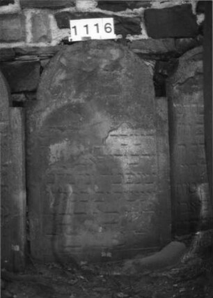 Grabstein 1116 (Index: 99630619) Material: Sandstein Zustand: oben völlig abgeblättert, Textverlust Maße HxBxT: 114x72x8 cm Beschreibung: Stele mit eingezogenem Rundbogenabschluß, Schriftfeld eingetieft: Grabstein 1116