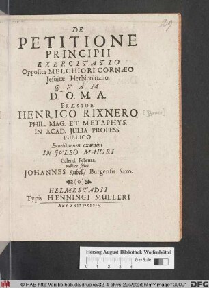 De Petitione Principii : Exercitatio Opposita Melchiori Cornaeo Jesuitae Herbipolitano