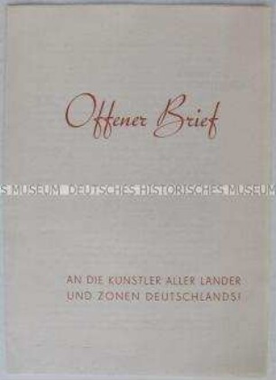 Flugschrift mit dem Wortlaut eines "Offenen Briefes" der Gewerkschaft Kunst an alle Künstler Deutschlands anlässlich des 10. Jahrestages des Beginns des 2. Weltkrieges