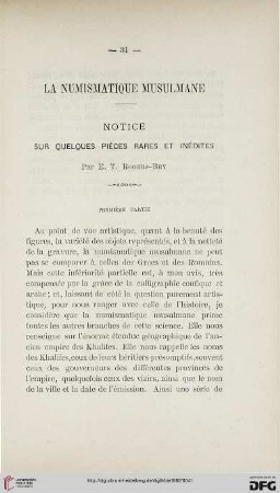 2.Ser. 3.1882: La numismatique musulmane : notice sur quelques pièces rares et inédites