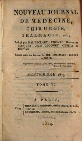 Nouveau journal de médecine, chirurgie, pharmacie. 6, 6. 1819