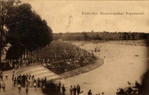 Postkartenalbum mit Motiven von Karlsruhe. "Karlsruhe. Strandbad Rappenwört". Badebetrieb im Rheinstrandbad Rappenwört