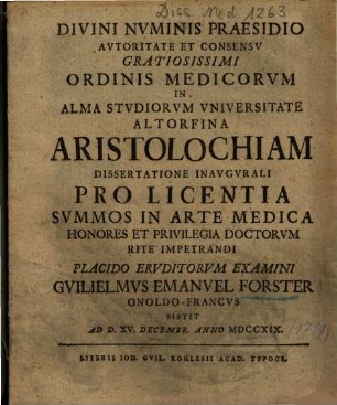 Aristolochiam Dissertatione Inavgvrali ...