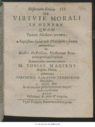Dissertatio Ethica III. De Virtute Morali In Genere