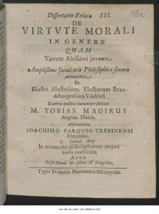 Dissertatio Ethica III. De Virtute Morali In Genere