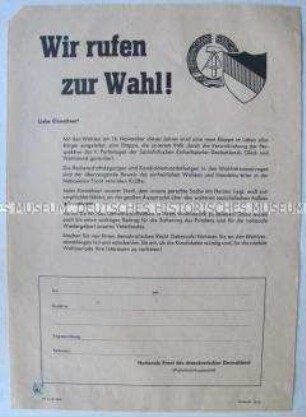 Flugblatt mit einem Wahlaufruf zur Volkskammerwahl 1958