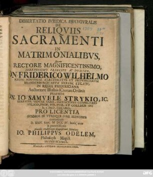 Dissertatio Ivridica Inavgvralis De Reliqviis Sacramenti In Matrimonialibvs