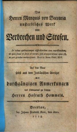 Des Herren Marquis von Beccaria unsterbliches Werk von Verbrechen und Strafen