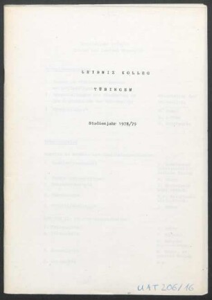 Umschlag: "Leibniz Kolleg. Tübingen. Studienjahr 1978/79"