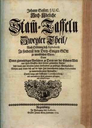 Hoch-Adeliche Stam[m]-Taffeln : Nach Ordnung des Alphabets ; ... ; Durch lange und kostbahre Correspondentz Mit unermüdeten Fleieß zusammen getragen und ausgefertiget, 2