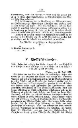 Feier des achtzigsten Geburtstages Seiner Majestät des Kaisers und Königs in den Schulen des Regierungsbezirks Minden : [V. Volksschulwesen]