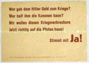 Handzettel mit einer Losung zum Volksentscheid über die Enteignung der Nazi- und Kriegsverbrecher