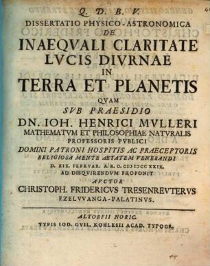 Dissertatio Physico-Astronomica De Inaeqvali Claritate Lvcis Divrnae In Terra Et Planetis