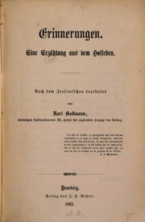 Erinnerungen : eine Erzählung aus dem Hofleben