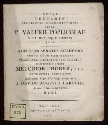 Tentamen Succintae Commentationis Super P. Valerii Poplicolae Vita Rebusque Gestis