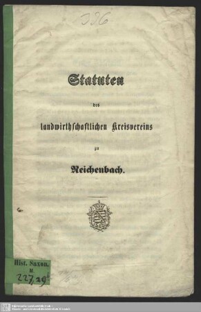 Statuten des landwirthschaftlichen Kreisvereins zu Reichenbach