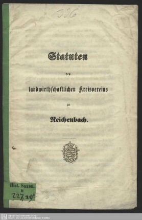 Statuten des landwirthschaftlichen Kreisvereins zu Reichenbach