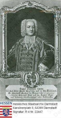 Eltz-Kempenich, Hugo Franz Karl Graf zu (1701-1779) / Porträt in Rahmen mit Wappen und Sockelinschrift, Halbfigur