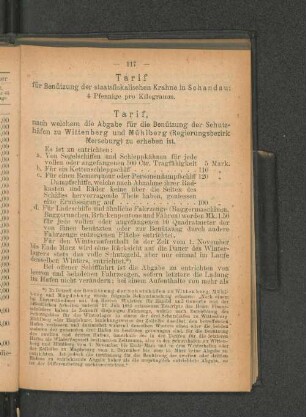 Tarif, nach welchem die Abgabe für die Benützung der Schutz-häfen zu Wittenberg und Mühlberg (Regierungsbezirk Merseburg) zu erheben ist.