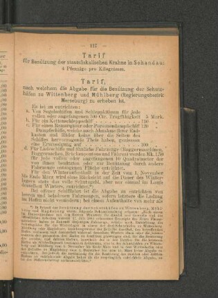 Tarif, nach welchem die Abgabe für die Benützung der Schutz-häfen zu Wittenberg und Mühlberg (Regierungsbezirk Merseburg) zu erheben ist.