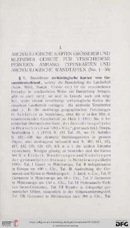 I. Archäologische Karten grösserer und kleinerer Gebiete für verschiedene Perioden. Anhang: Typenkarten und Archäologische Wandtafeln (Nr. 1-56)