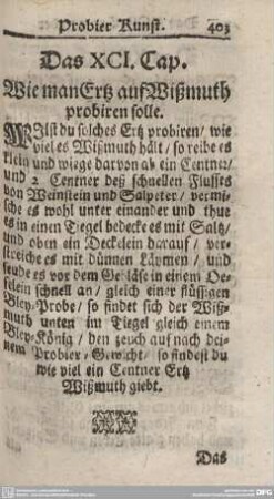 Das XCI. Cap. Wie man Ertz auf Wißmuth probiren solle.