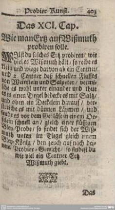 Das XCI. Cap. Wie man Ertz auf Wißmuth probiren solle.