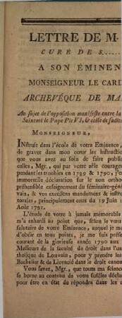 Lettre de M. S... curé de S.... a son eminence Monseigneur le cardinal Archevêque de Malines