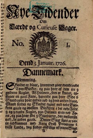 Nye tidender om laerde og curieuse sager. 1726