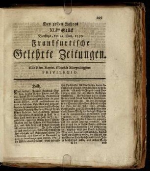 XLItes Stück Dienstags, den 22. May, 1770. - Ltes Stück Freytags, den 22. Junii, 1770.