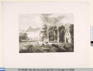 Landschaft mit Viehherde und Hirtin vor Ruine