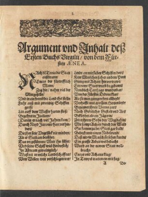 Argument und Inhalt deß Ersten Buchs Virgilii/ von dem Fürsten Aenea.