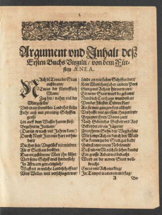 Argument und Inhalt deß Ersten Buchs Virgilii/ von dem Fürsten Aenea.