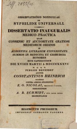 Observationes nonnullae de syphilide universali : dissertatio inauguralis medico-practica