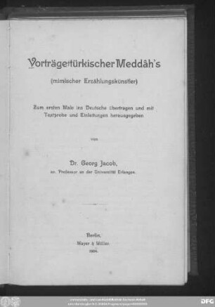 Vorträge türkischer Meddâh's (mimischer Erzählungskünstler) : mit 1 Schrifttafel