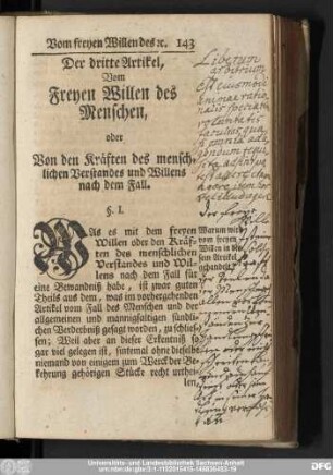 Der dritte Artikel, Vom Freyen Willen des Menschen, oder Von den Kräften des menschlichen Verstandes und Willens nach dem Fall.