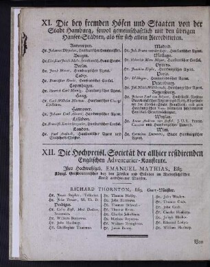 XI. Die bey fremden Höfen und Staaten von der Stadt Hamburg, sowol gemeinschaftlich mit den übrigen Hansee-Städten, als für sich allein Accreditirten.