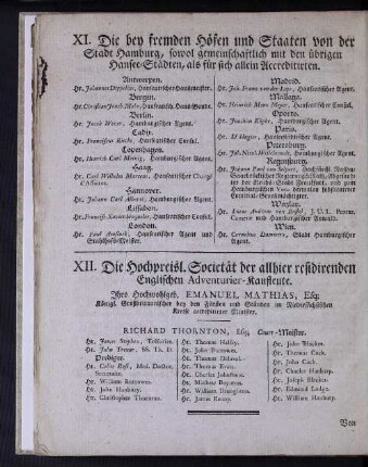 XI. Die bey fremden Höfen und Staaten von der Stadt Hamburg, sowol gemeinschaftlich mit den übrigen Hansee-Städten, als für sich allein Accreditirten.
