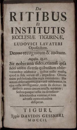 De Ritibus Et Institutis Ecclesiæ Tigurinæ