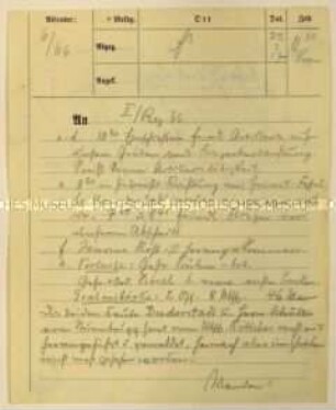 Handschriftlich ausgefüllter Vordruck zur Meldung über den aktuellen Verlauf des Kriegsgeschehens; 6./Regiment 66 an das II./Regiment 66, Uhrzeit 11:30