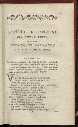 Sonetti E Canzoni Del Divino Poeta Messer Francesco Petrarca In Vita Di Madonna Laura