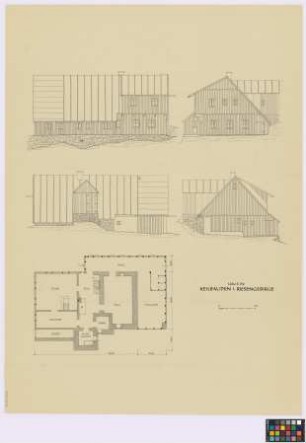 Keilbauden (Riesengebirge): Haus. - Haupthaus (zwei Seiten-Ansichten, zwei Giebel-Ansichten, Grundriss [des Erdgeschosses])