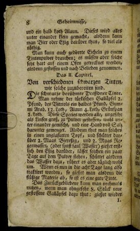Das II. Capitel. Von verschiedenen schwarzen Tinten, wie solche zuzubereiten sind.