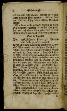Das II. Capitel. Von verschiedenen schwarzen Tinten, wie solche zuzubereiten sind.